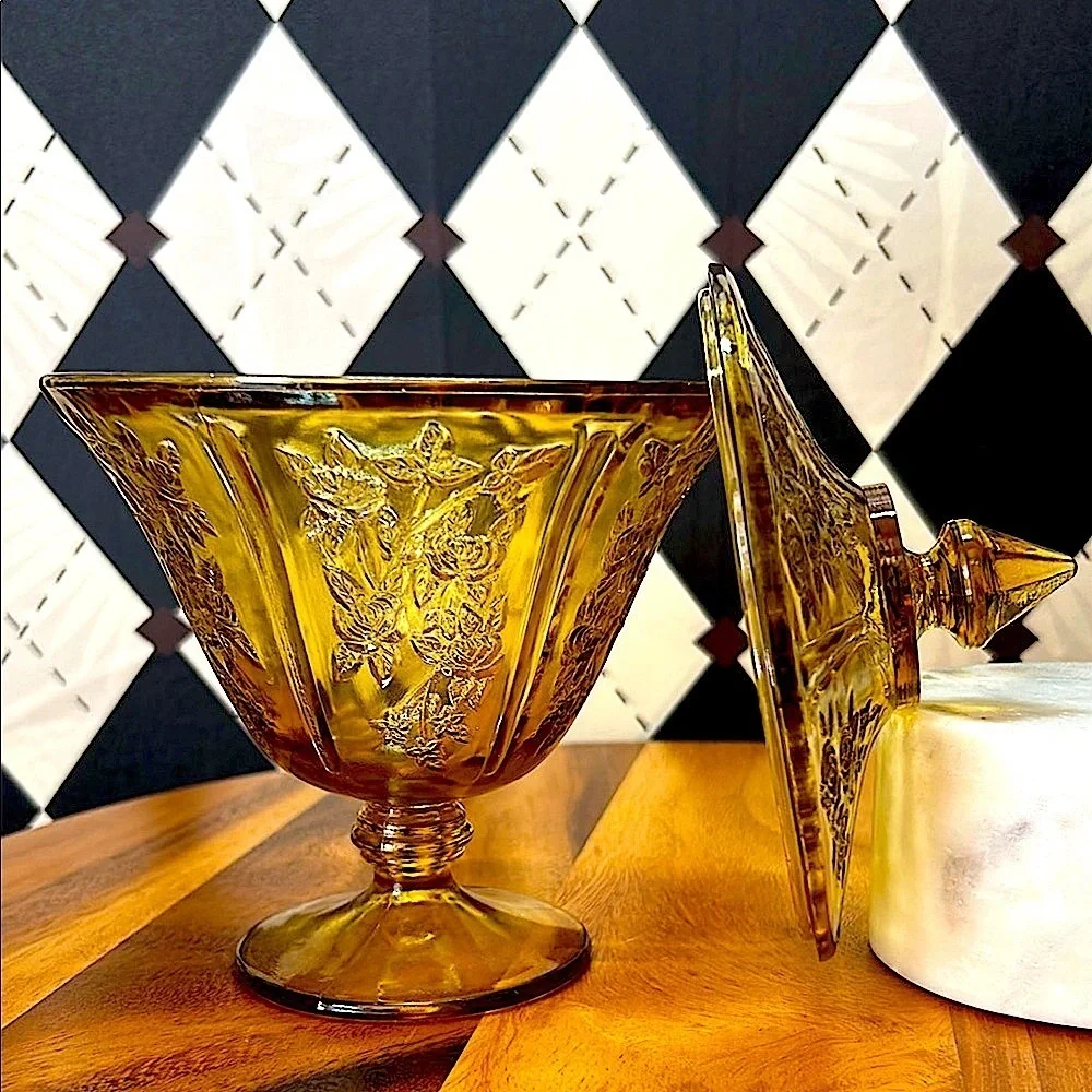 Vintage Federal Glass “Cabbage Rose” Amber Lidded Jar – Depression Glass Style - Picture 10 of 12